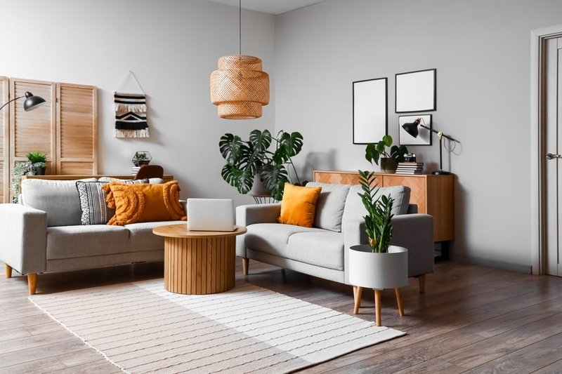Living room with a grey sofa